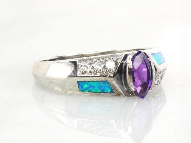 Vintage Sterling Silver Amethyst and Opal Ring: Purple February Birthstone, Size 10