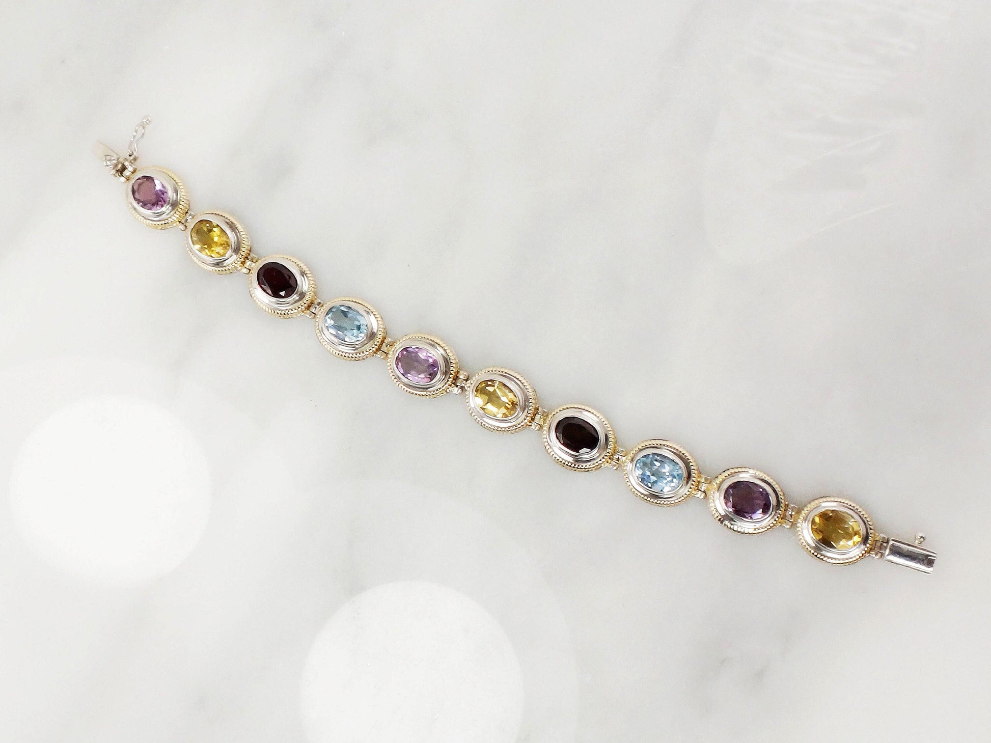 Vintage Multi-Stone Bracelet: 14k Gold & Sterling Silver - Citrine, Amethyst, Topaz, Garnet
