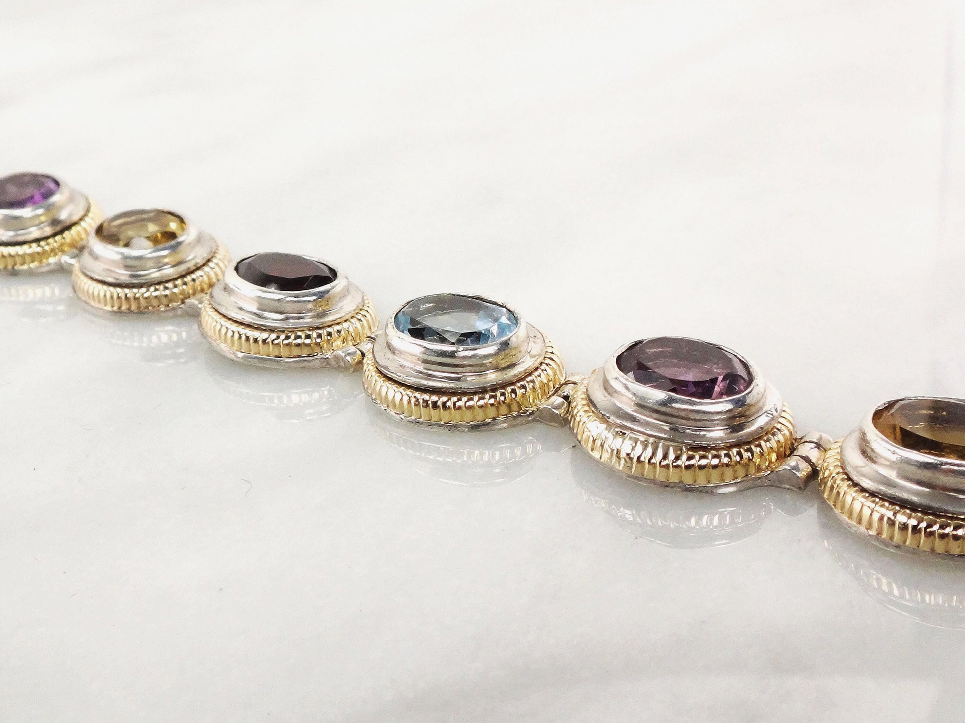 Vintage Multi-Stone Bracelet: 14k Gold & Sterling Silver - Citrine, Amethyst, Topaz, Garnet