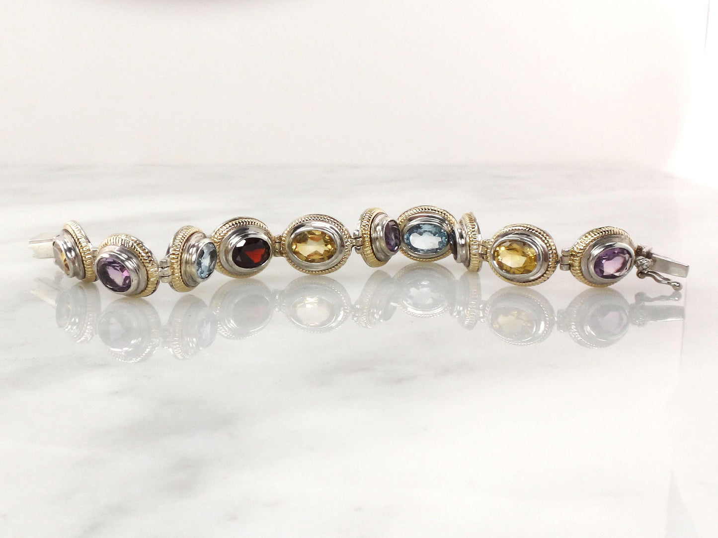 Vintage Multi-Stone Bracelet: 14k Gold & Sterling Silver - Citrine, Amethyst, Topaz, Garnet