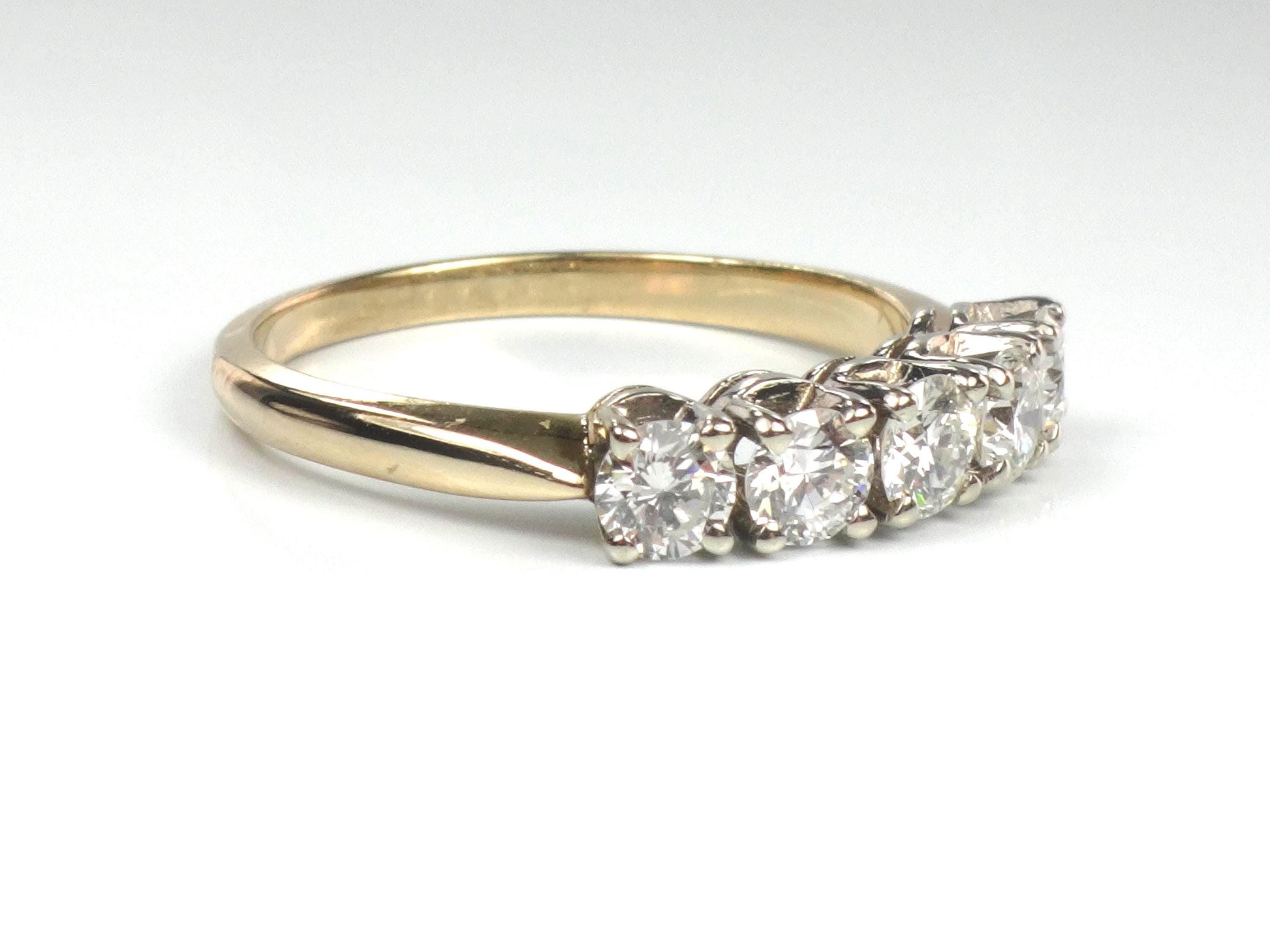 Vintage 14k Gold Diamond Wedding Band - Five Stone Ring, 1.0 CTS, Size 6.75