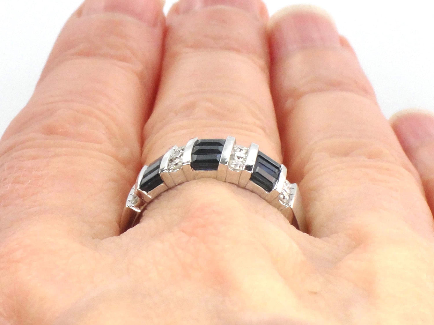 Vintage 14k White Gold Sapphire Diamond Ring: September Birthstone Wedding Band, Size 7.25