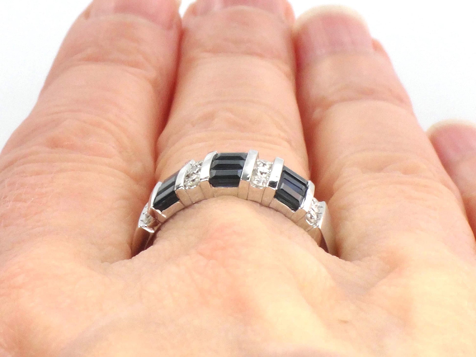 Vintage 14k White Gold Sapphire Diamond Ring: September Birthstone Wedding Band, Size 7.25