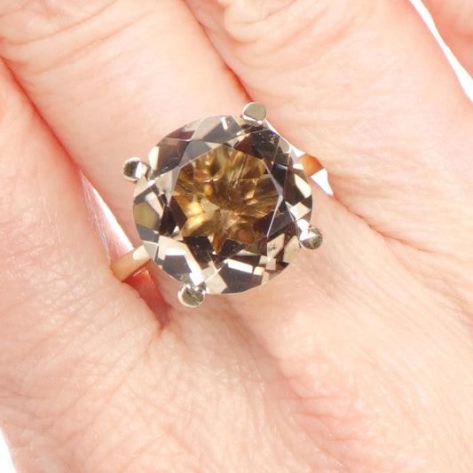 Vintage 14k Yellow Gold Round Smoky Quartz Ring, Large Brown Stone Ring, Size 8