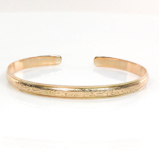 Vintage 10k Solid Yellow Gold Floral Cuff Bangle Bracelet