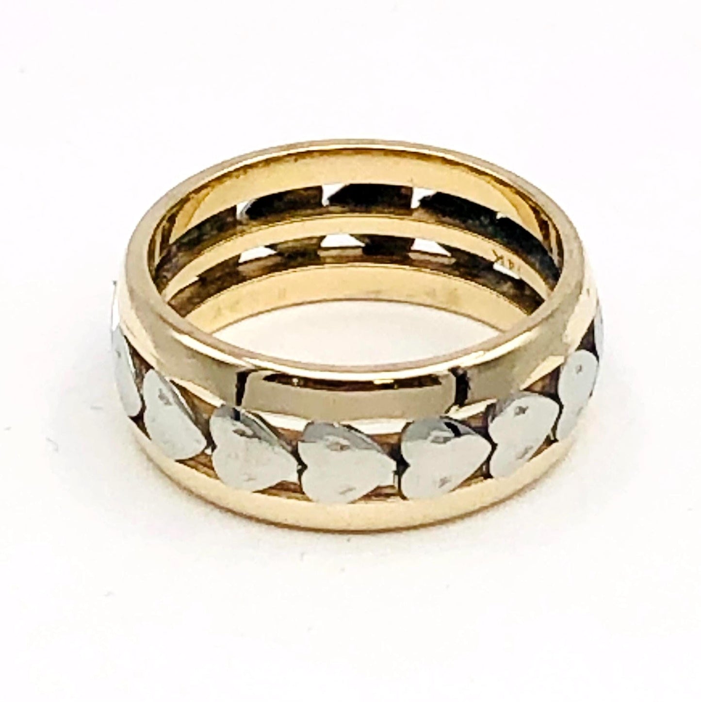 Vintage 14k Gold Hearts Wedding Band - 7.7 MM Wide Two Tone Heart Ring - Size 6.25