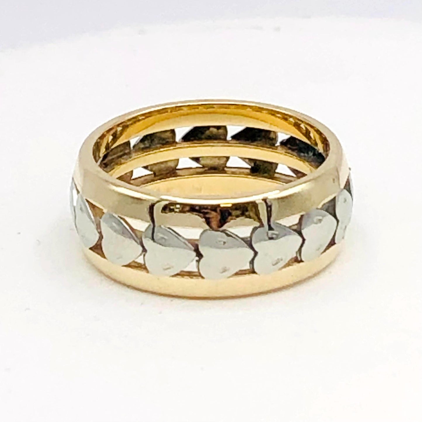 Vintage 14k Gold Hearts Wedding Band - 7.7 MM Wide Two Tone Heart Ring - Size 6.25
