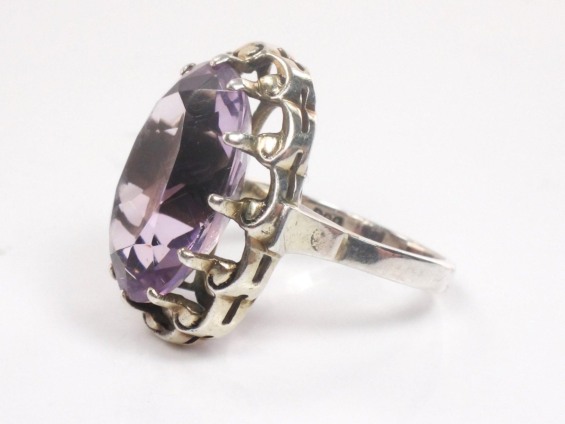 Vintage 800 Silver Amethyst Ring - Oval Cut, Size 4.75 - 1960s