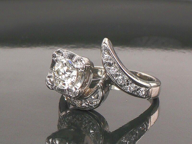 Vintage Diamond Engagement Ring 14k White Gold Natural Stone Modernist 1960's Twist Style