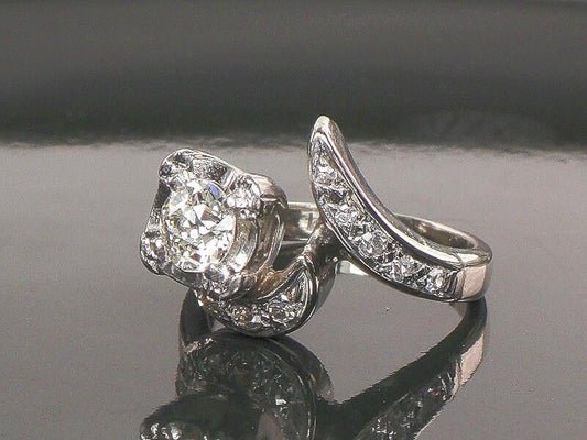 Vintage Diamond Engagement Ring 14k White Gold Natural Stone Modernist 1960's Twist Style