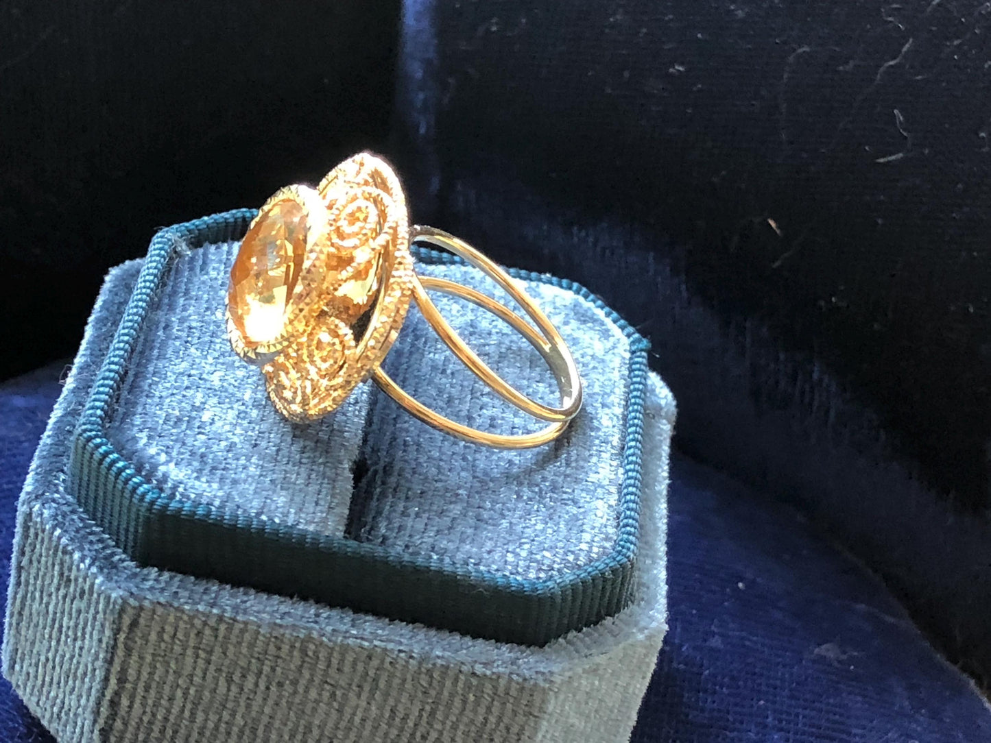 Vintage 14k Yellow Gold Citrine Ring: Checkerboard Cocktail Ring, Size 7.25