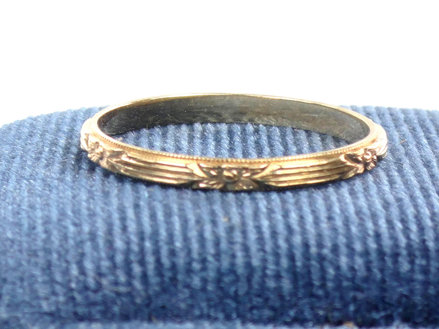 Thin 14k Floral Wedding Band - Art Deco Yellow Gold Orange Blossom Engraved Ring - Vintage Stacking Style - Size 7.5 - Circa 1940