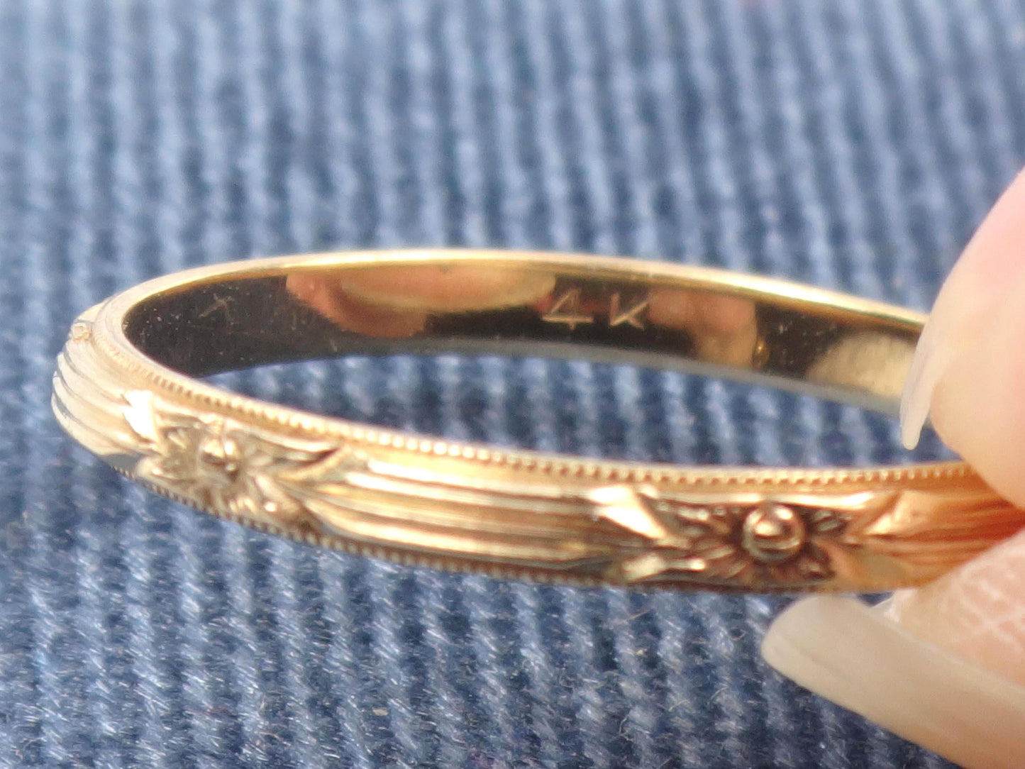 Thin 14k Floral Wedding Band - Art Deco Yellow Gold Orange Blossom Engraved Ring - Vintage Stacking Style - Size 7.5 - Circa 1940