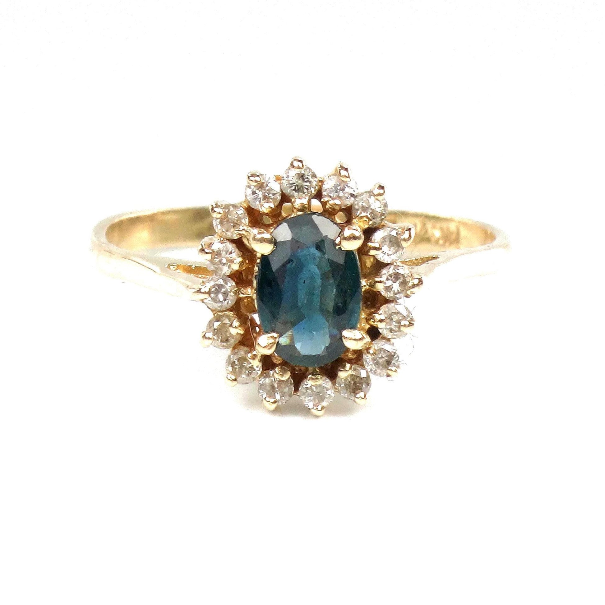 Vintage 14k Yellow Gold Sapphire Diamond Halo Ring - September Birthstone - Size 6.75
