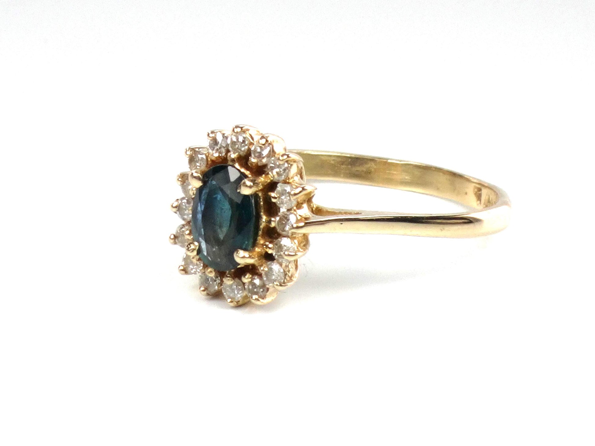 Vintage 14k Yellow Gold Sapphire Diamond Halo Ring - September Birthstone - Size 6.75