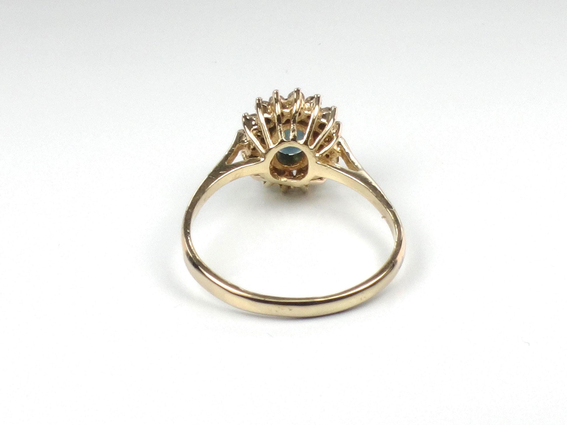 Vintage 14k Yellow Gold Sapphire Diamond Halo Ring - September Birthstone - Size 6.75