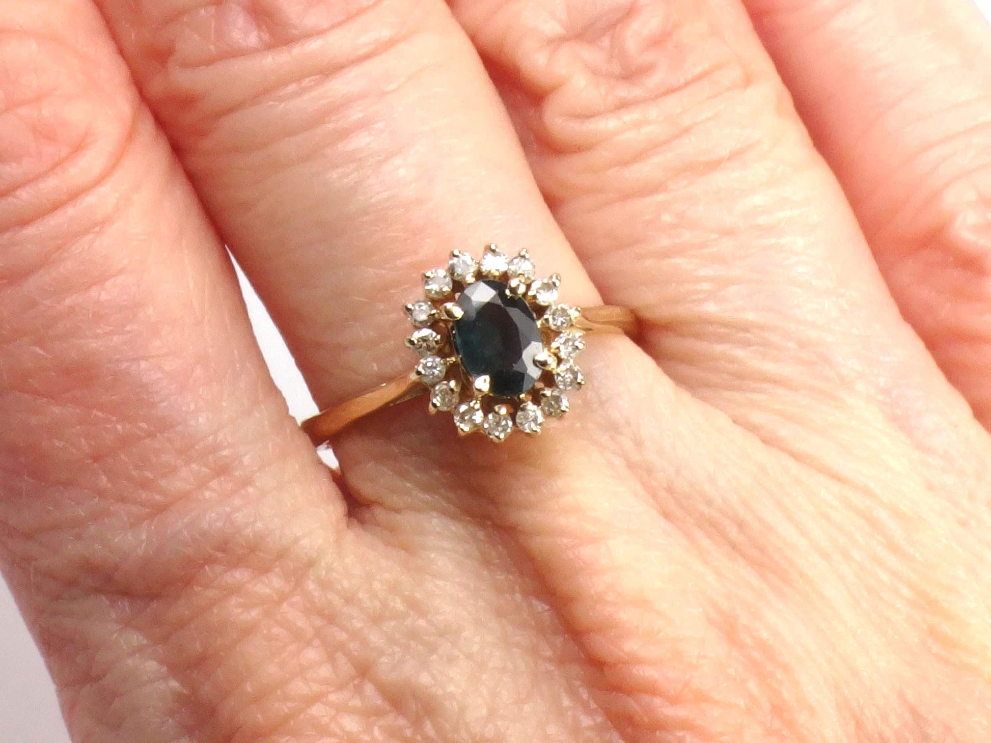 Vintage 14k Yellow Gold Sapphire Diamond Halo Ring - September Birthstone - Size 6.75