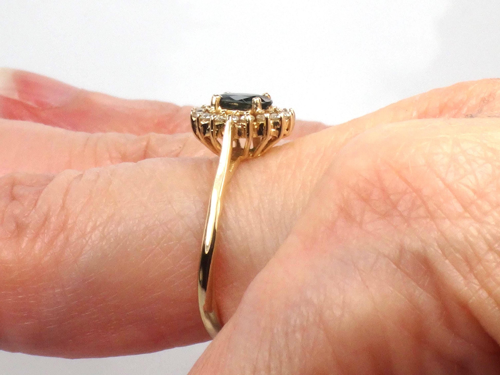 Vintage 14k Yellow Gold Sapphire Diamond Halo Ring - September Birthstone - Size 6.75