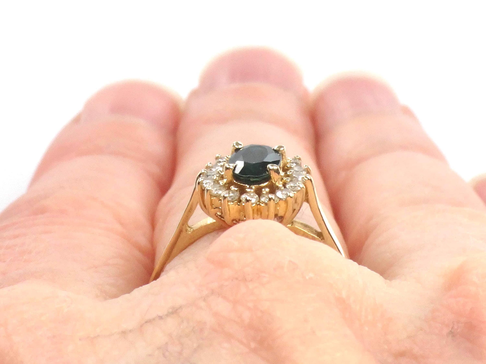 Vintage 14k Yellow Gold Sapphire Diamond Halo Ring - September Birthstone - Size 6.75