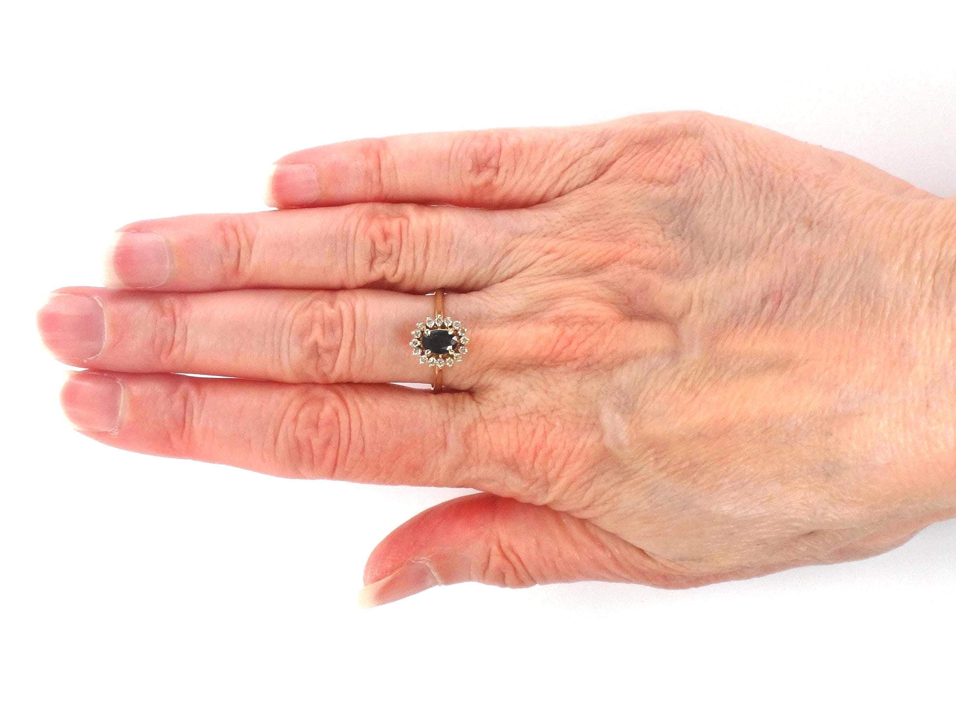 Vintage 14k Yellow Gold Sapphire Diamond Halo Ring - September Birthstone - Size 6.75