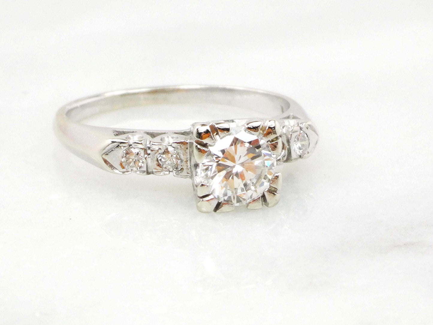 Vintage 14k White Gold Engagement Ring - Natural Round Brilliant Diamond Approximately .60 Carats TDW - Circa 1950's