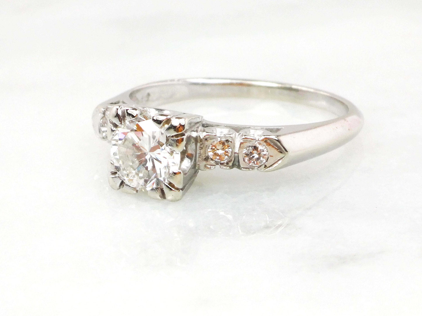 Vintage 14k White Gold Engagement Ring - Natural Round Brilliant Diamond Approximately .60 Carats TDW - Circa 1950's