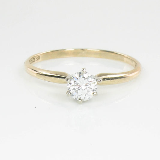 Vintage 14k Yellow Gold Round Natural Diamond Solitaire Engagement Ring, .35 Carats Size 7.5