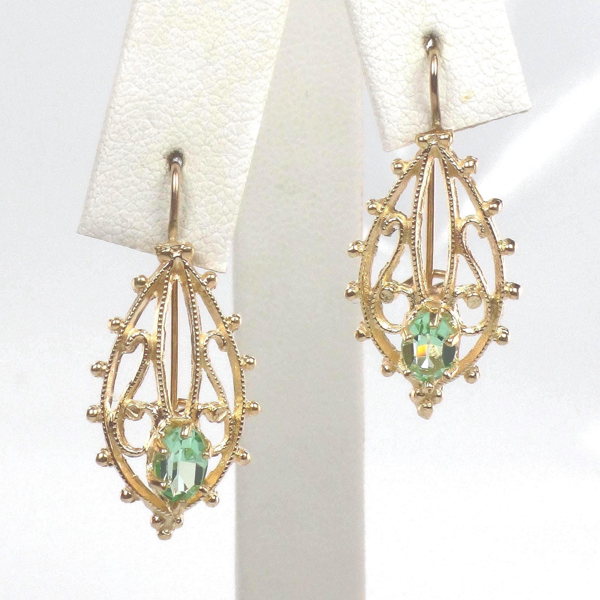 Vintage 14k Gold Dangle Earrings: Green Stone Filigree, 1990s
