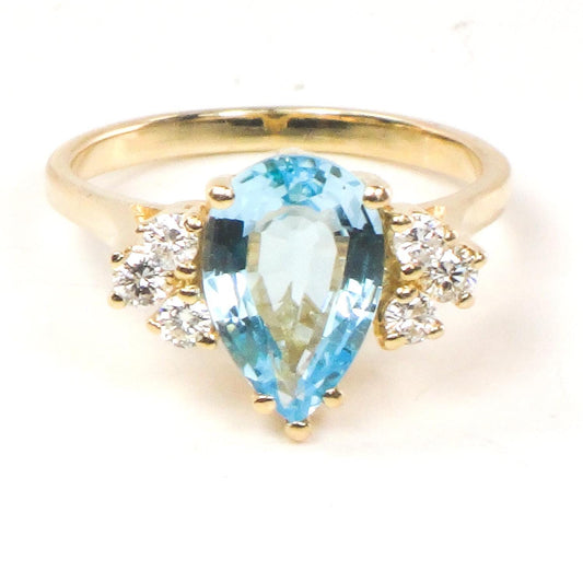 Vintage Pear Cut Blue Topaz Diamond Ring - 14k Yellow Gold December Birthstone, Size 7.75