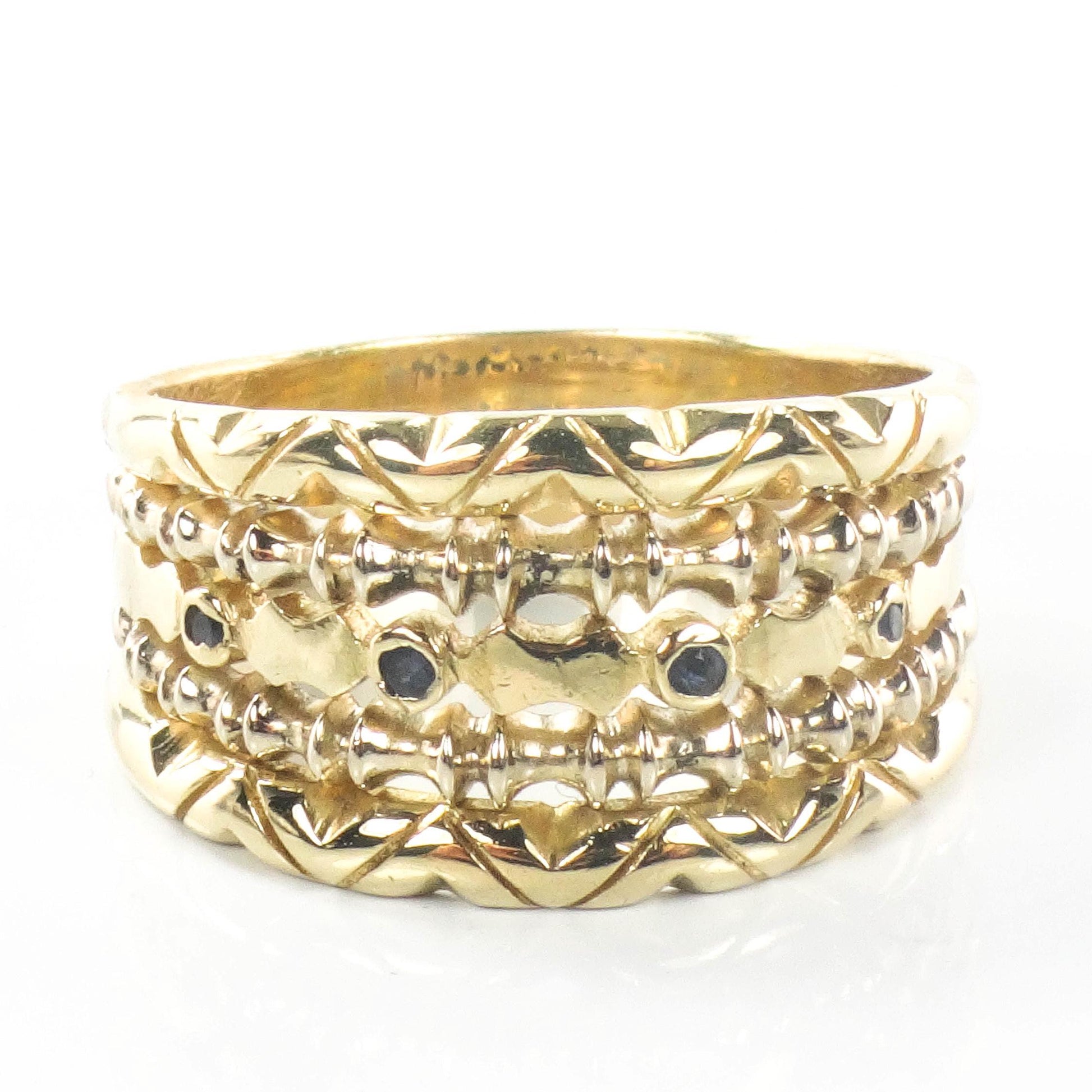 18k Yellow Gold Blue Sapphire Cigar Band Ring - Wide Stacking Multi-Band Style - Size 11.5 - Vintage Fine Jewelry