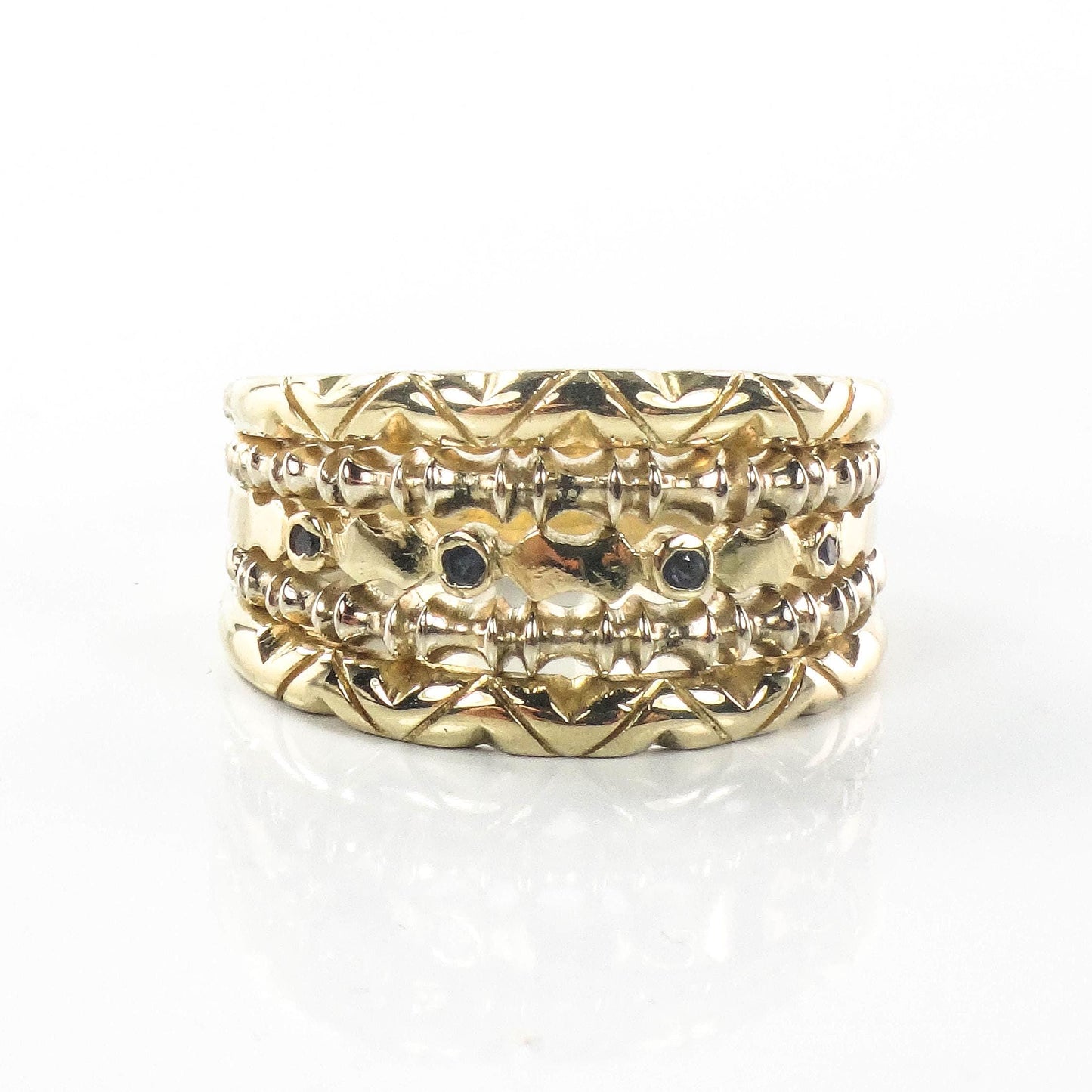 18k Yellow Gold Blue Sapphire Cigar Band Ring - Wide Stacking Multi-Band Style - Size 11.5 - Vintage Fine Jewelry