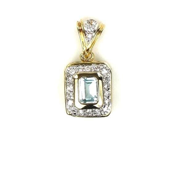 14k Light Blue Topaz and CZ Pendant - Vintage Yellow Gold Rectangle Cut March Birthstone - Fine Jewelry