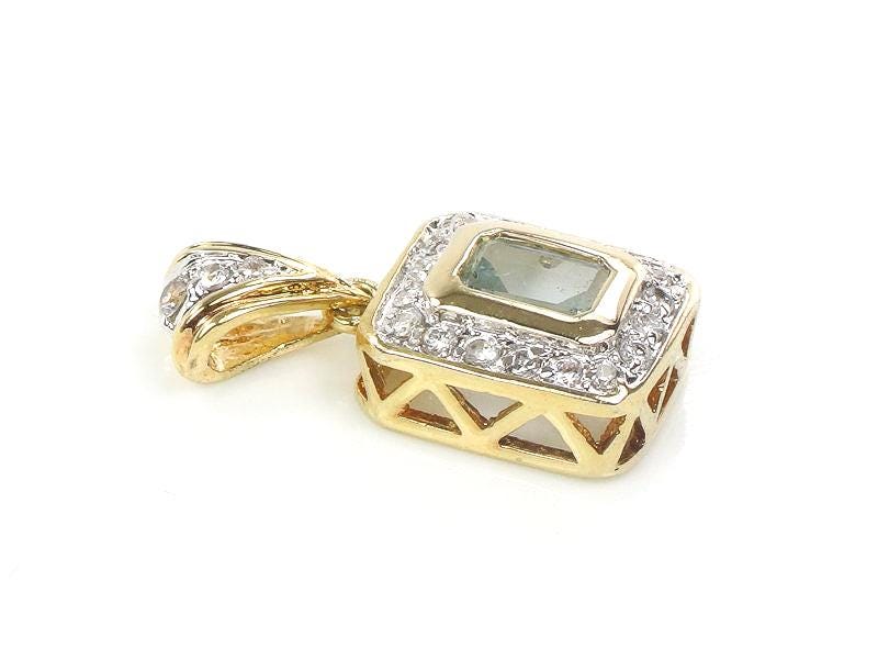 14k Light Blue Topaz and CZ Pendant - Vintage Yellow Gold Rectangle Cut March Birthstone - Fine Jewelry