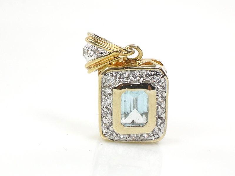 14k Light Blue Topaz and CZ Pendant - Vintage Yellow Gold Rectangle Cut March Birthstone - Fine Jewelry