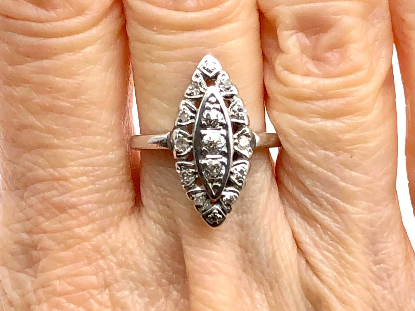 Vintage 14k White Gold Diamond Navette Ring - 1960s Cluster Style, Size 5.5