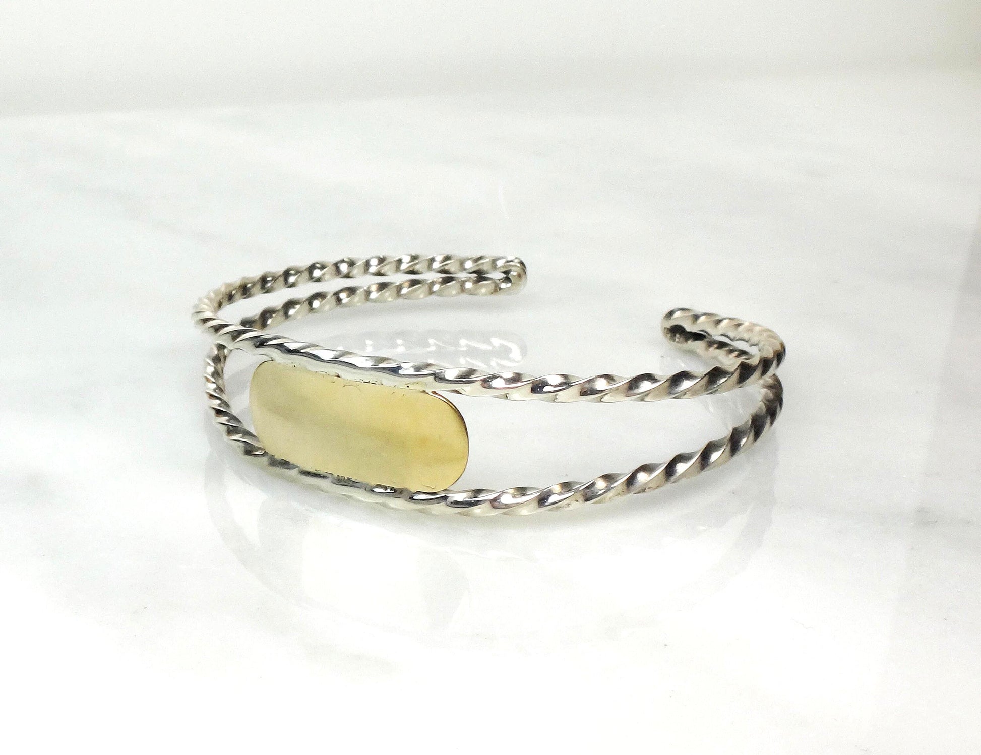 Vintage 14k Gold and Sterling Silver Cuff - Mixed Metal Monogram Name Bracelet - Engravable ID Jewelry - Circa 1970's