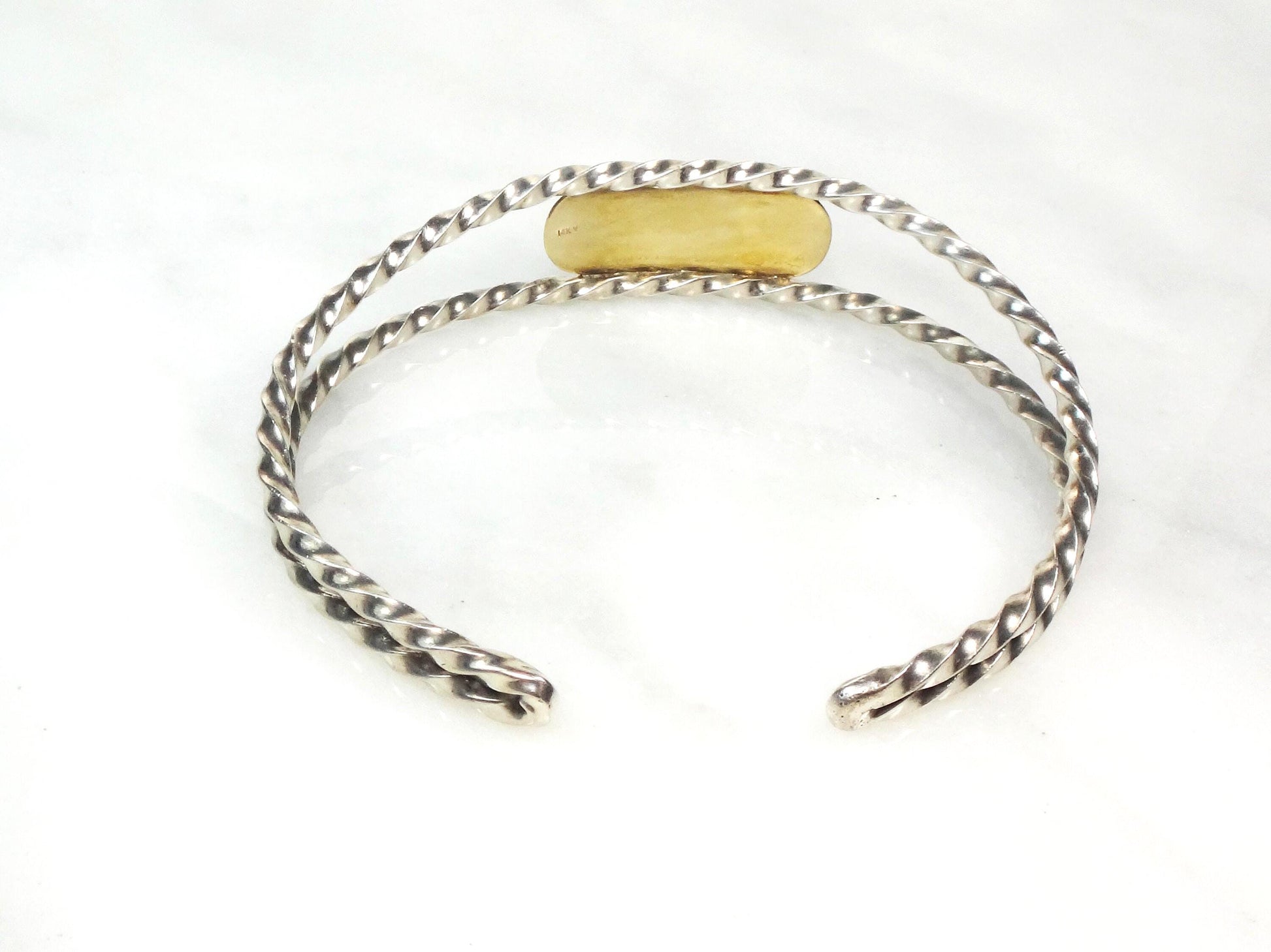 Vintage 14k Gold and Sterling Silver Cuff - Mixed Metal Monogram Name Bracelet - Engravable ID Jewelry - Circa 1970's