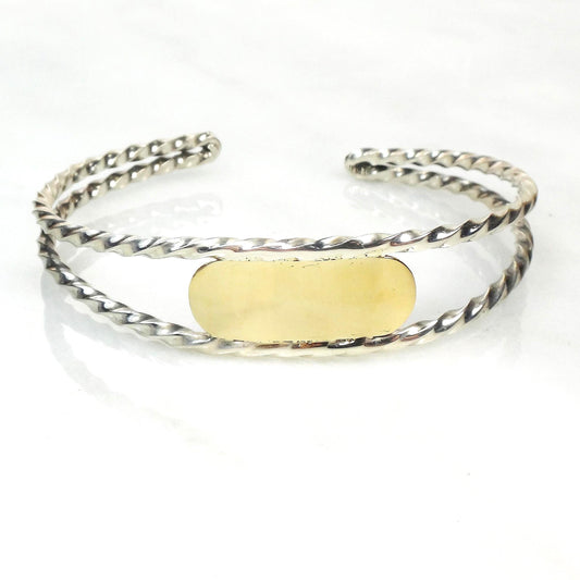 Vintage 14k Gold and Sterling Silver Cuff - Mixed Metal Monogram Name Bracelet - Engravable ID Jewelry - Circa 1970's