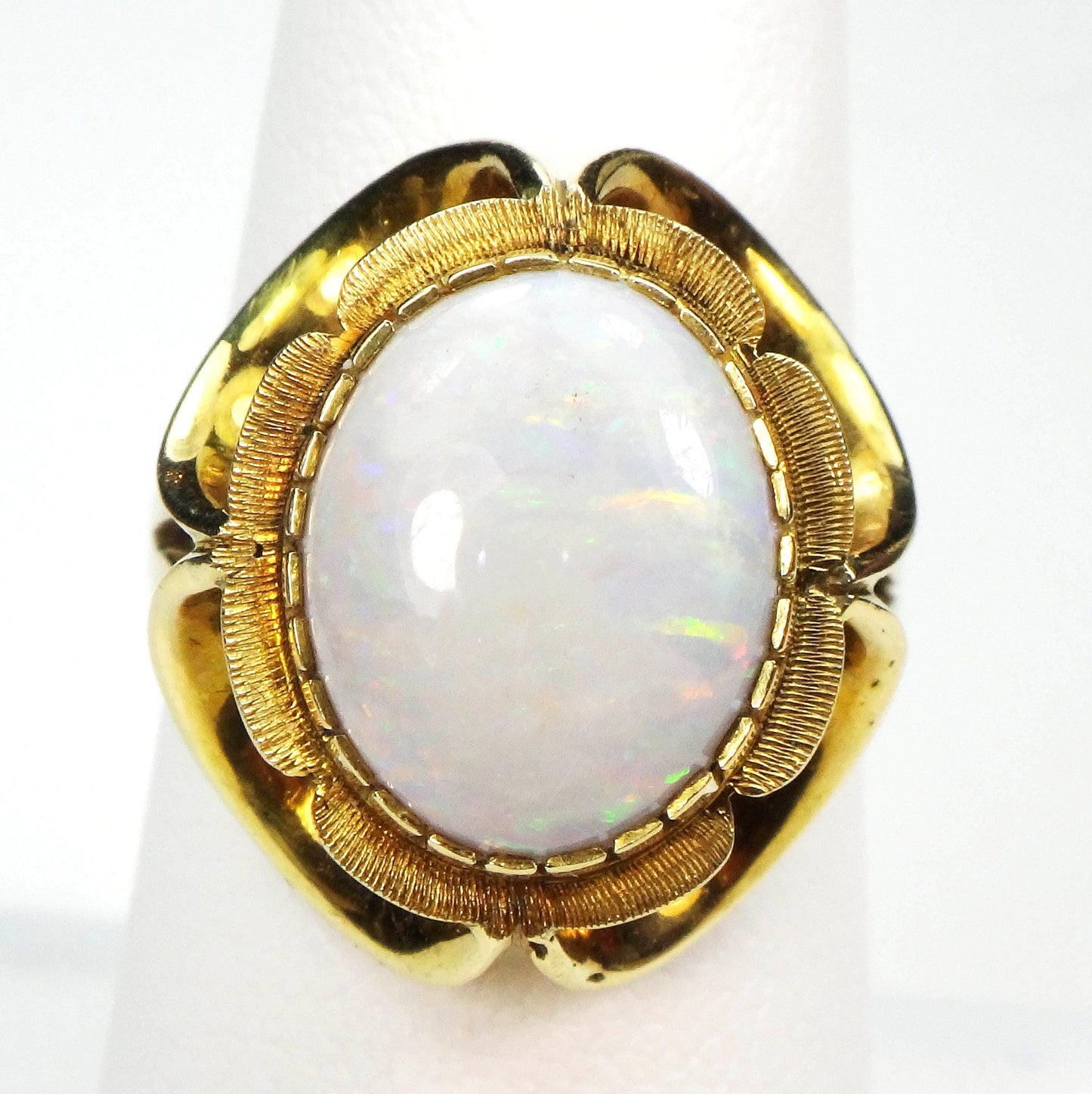Vintage 14k Yellow Gold Natural Opal Ring - Large October Birthstone Floral Ring - Size 7 - Circa 1950