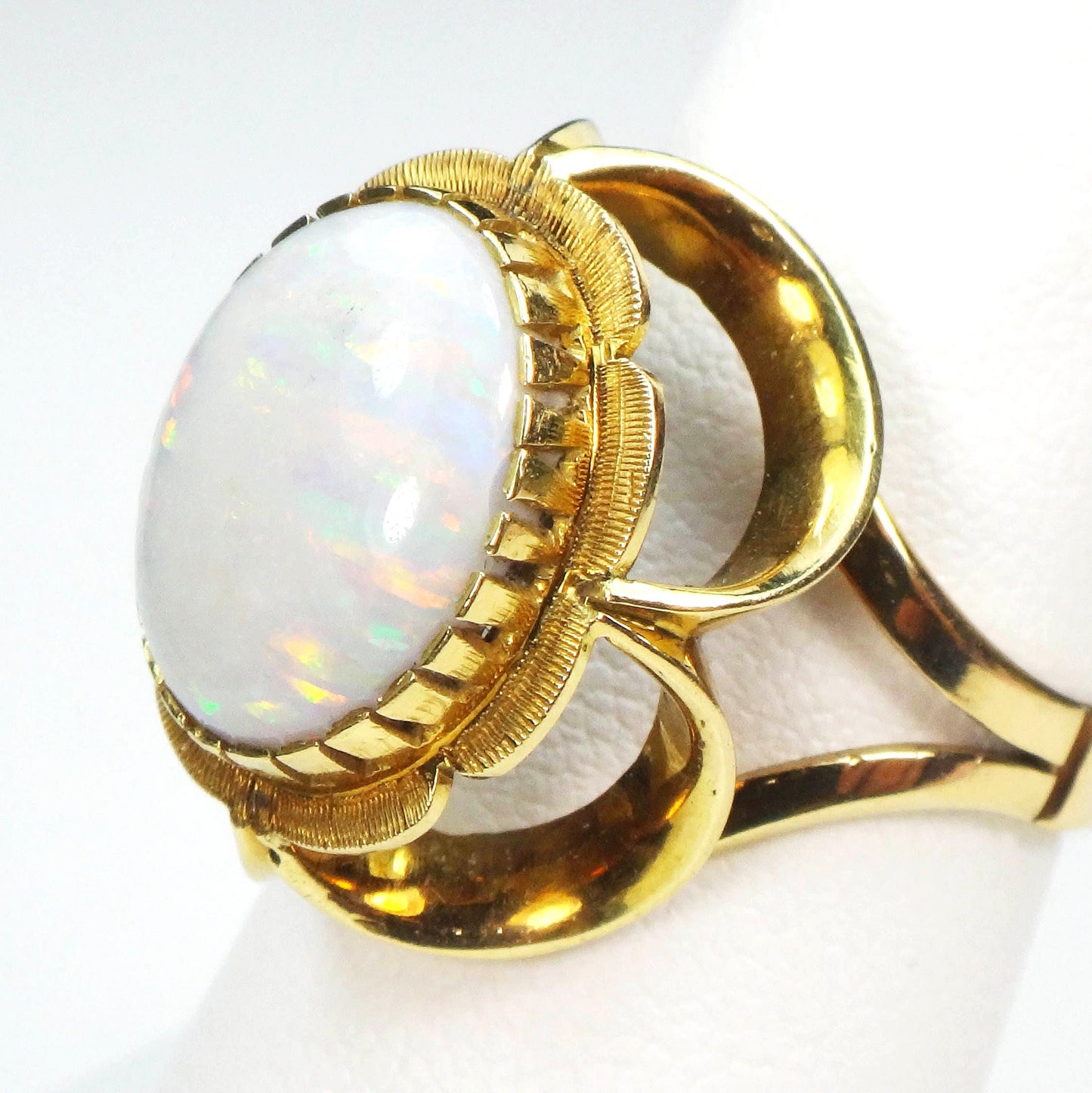 Vintage 14k Yellow Gold Natural Opal Ring - Large October Birthstone Floral Ring - Size 7 - Circa 1950