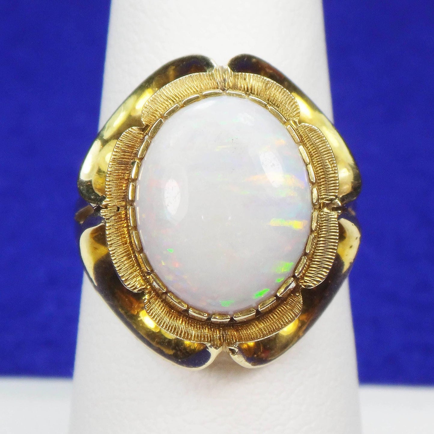 Vintage 14k Yellow Gold Natural Opal Ring - Large October Birthstone Floral Ring - Size 7 - Circa 1950