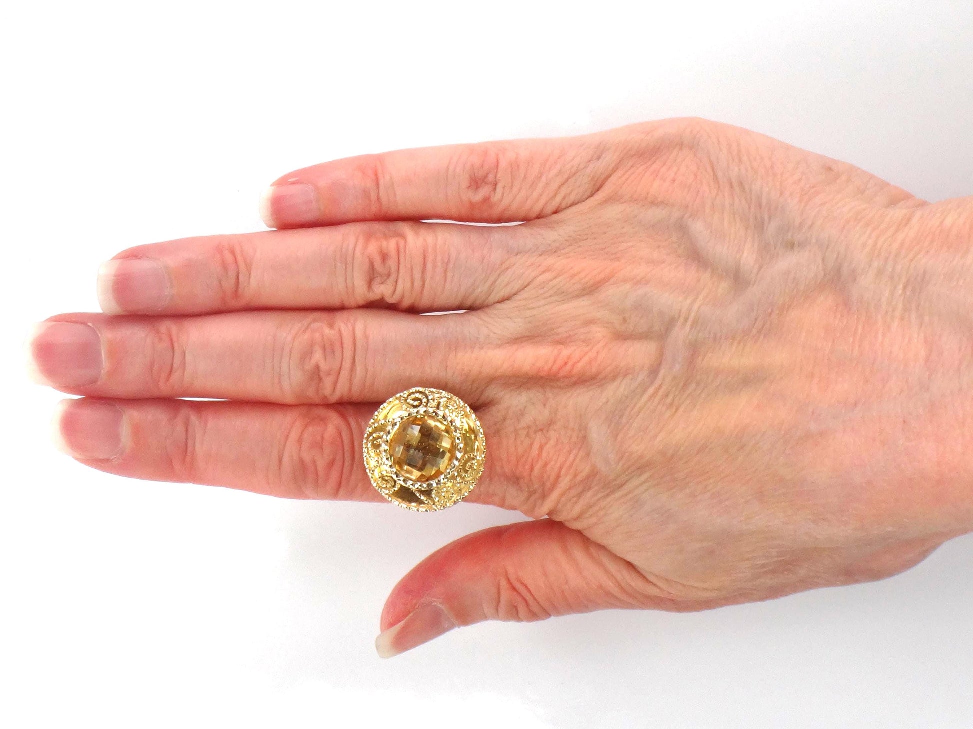 Vintage 14k Yellow Gold Citrine Ring: Checkerboard Cocktail Ring, Size 7.25