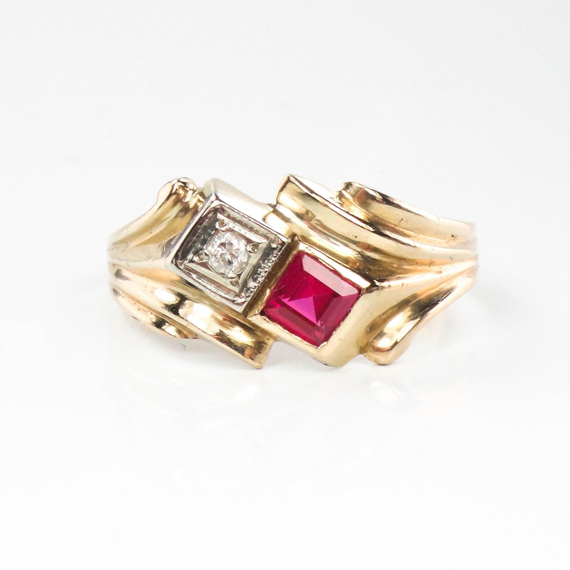 Vintage 14k Yellow Gold Ruby and Diamond Ring, Red July Birthstone Retro Style Ring, Size 5.5