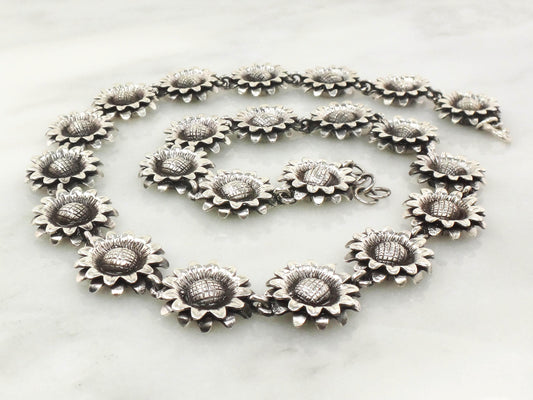 Silver Sunflower Necklace - Vintage Bold Floral Heavy Sterling Jewelry - 19"