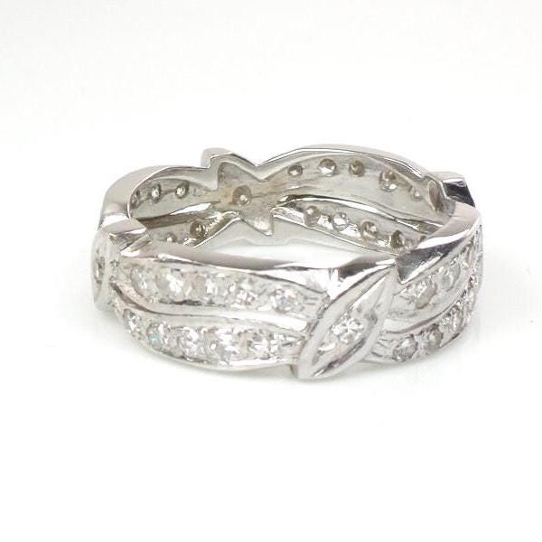 Diamond Eternity Ring, Vintage 14k White Gold Natural Stone Retro Wedding Band Size 7.25