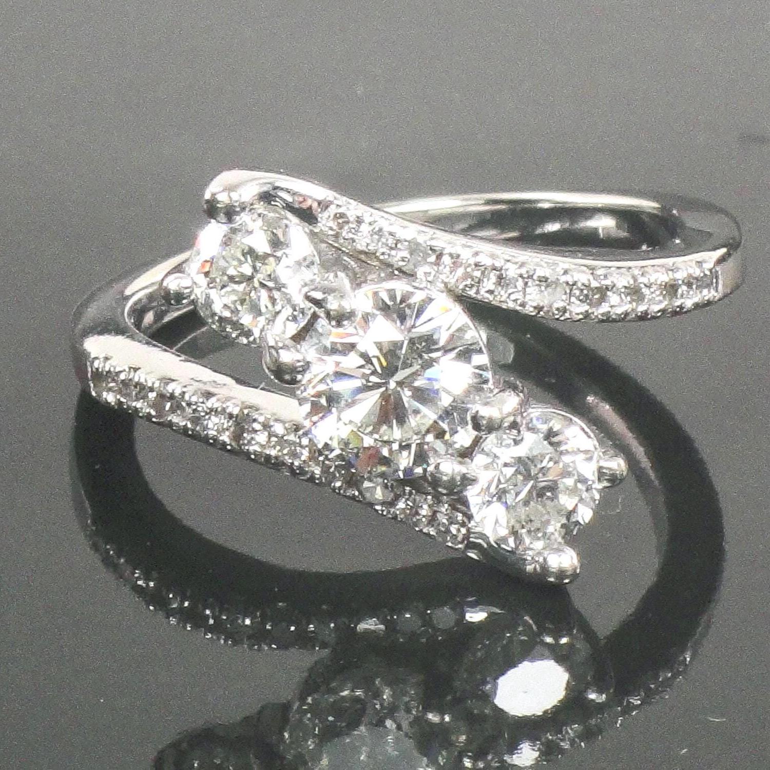 Vintage 14k White Gold Three Natural Diamond Ring, Three Stone Ring, Approximately 1 1/2 CTS Size 7.5