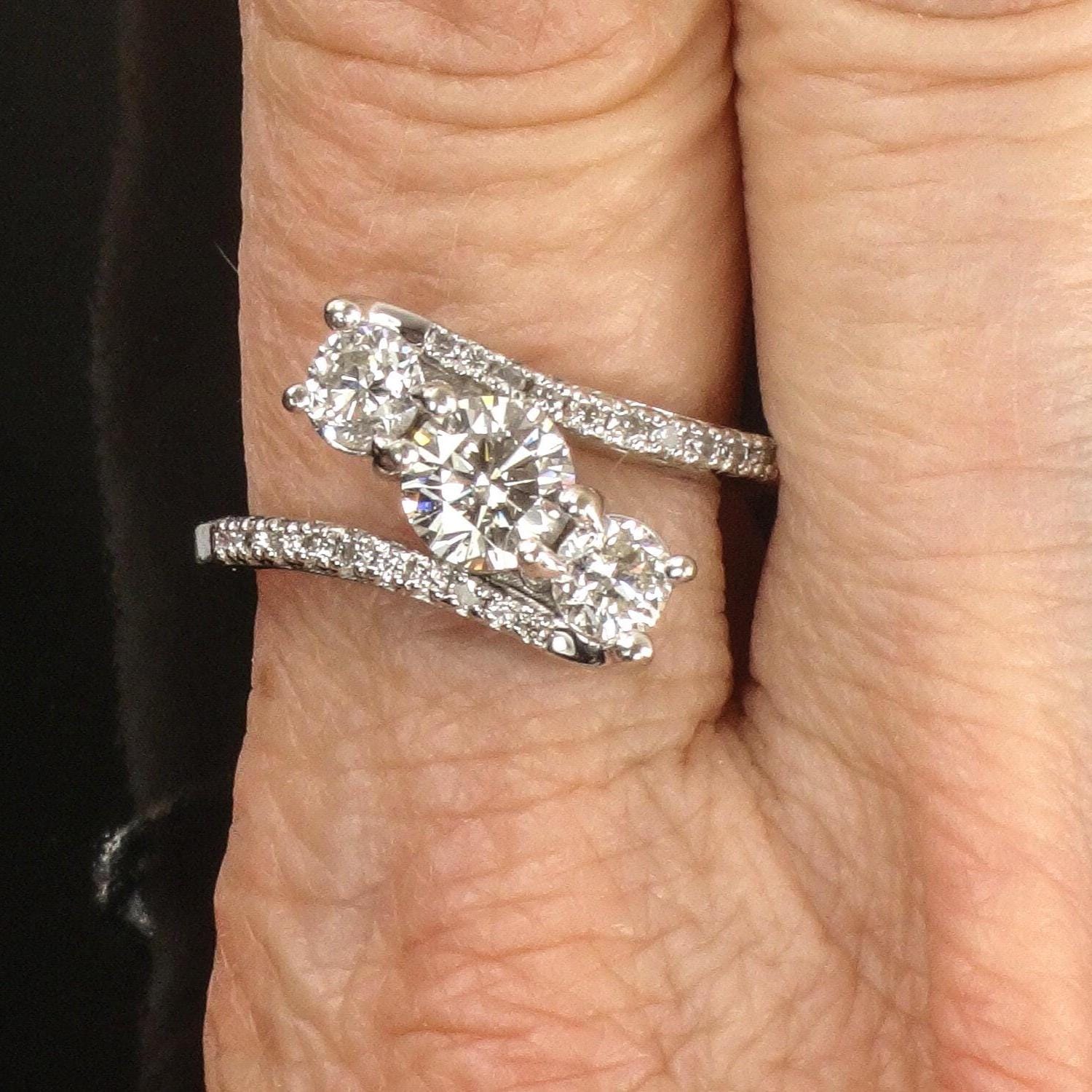 Vintage Three Diamond Ring: 1.5 CTS, 14k White Gold Anniversary Ring, Size 7.5