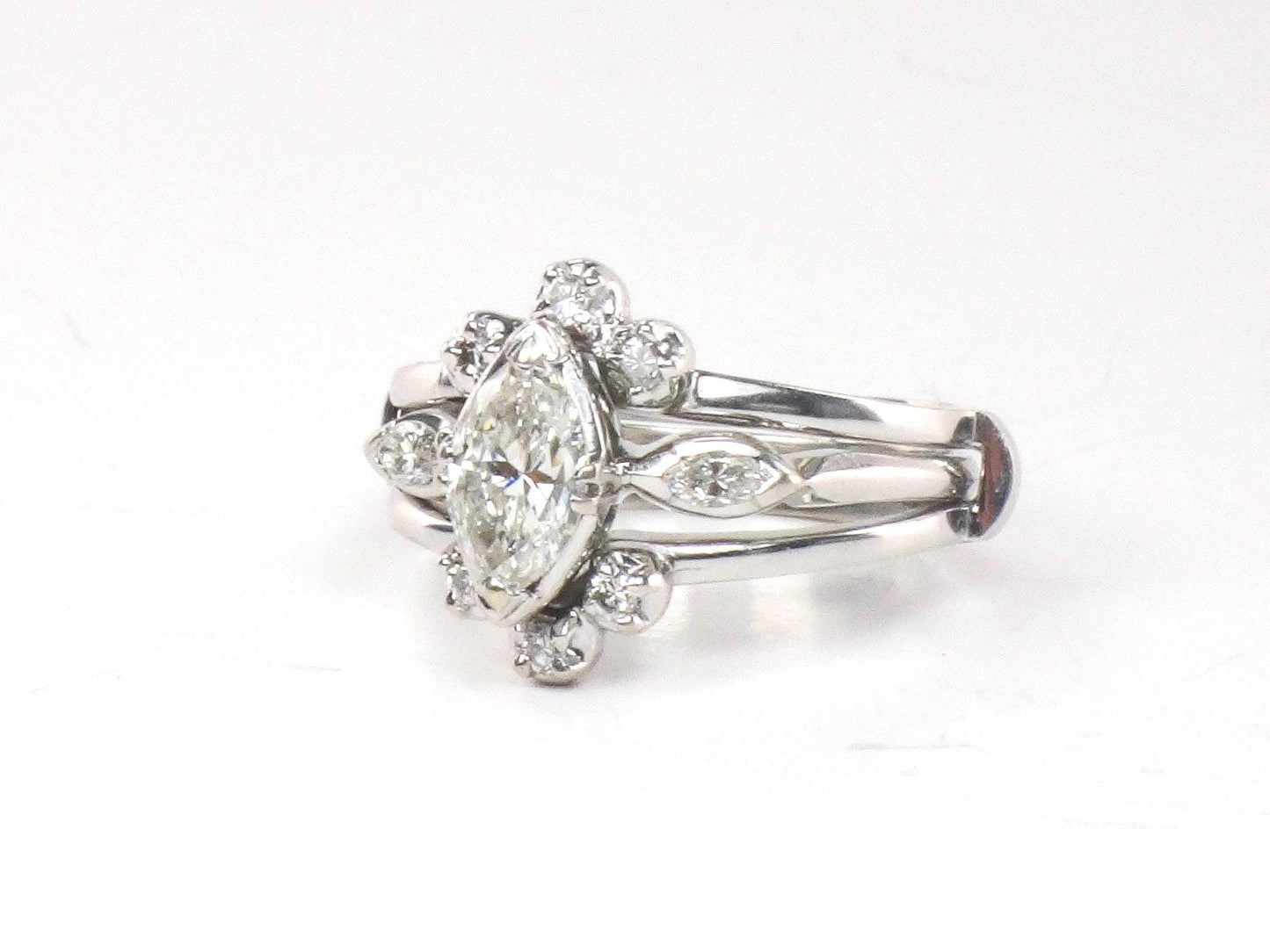 Vintage Marquise Diamond Engagement Ring Set: 14k White Gold, Insert Wedding Band, Size 5.75