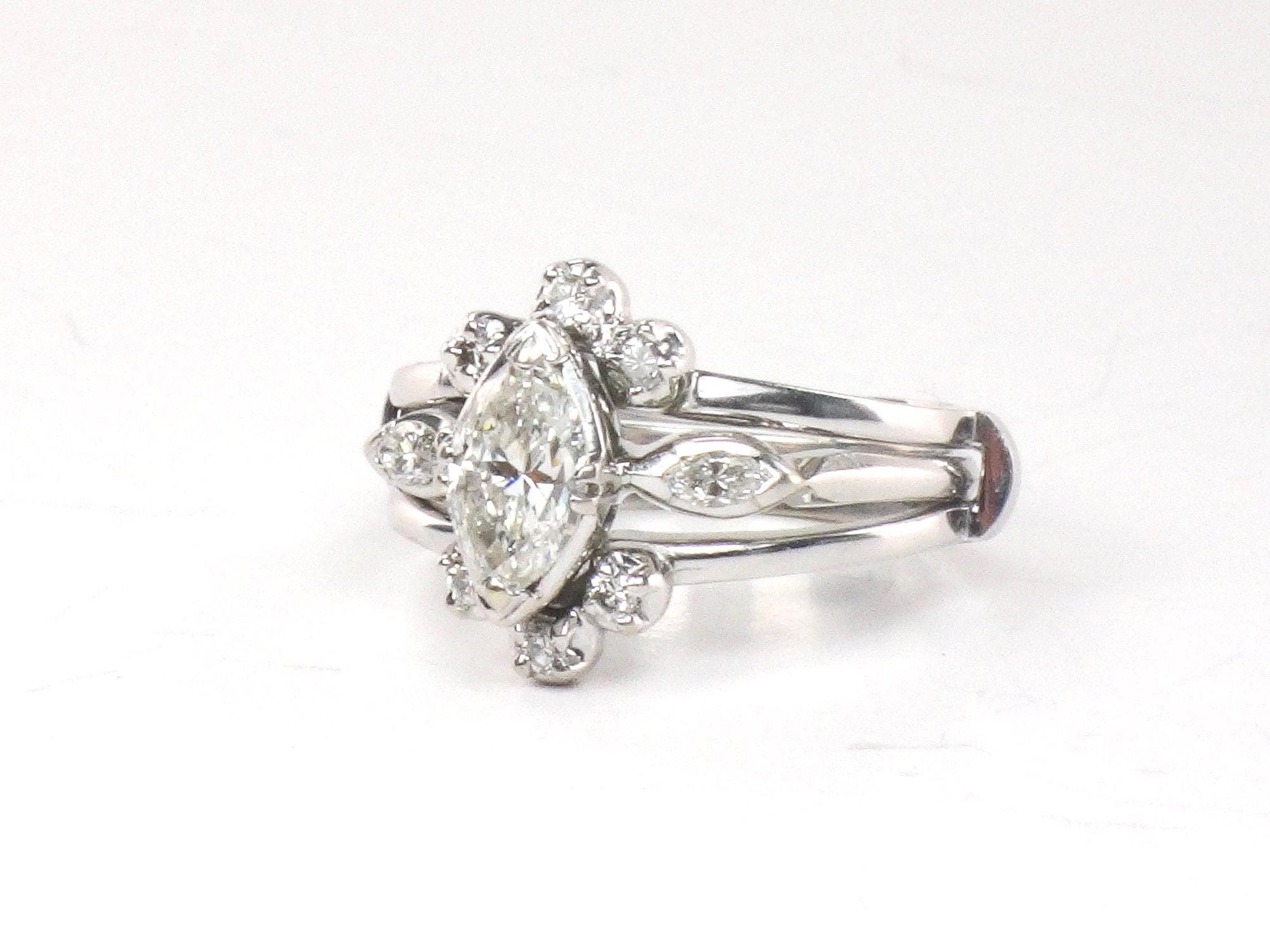 Vintage Marquise Diamond Engagement Ring Set: 14k White Gold, Insert Wedding Band, Size 5.75