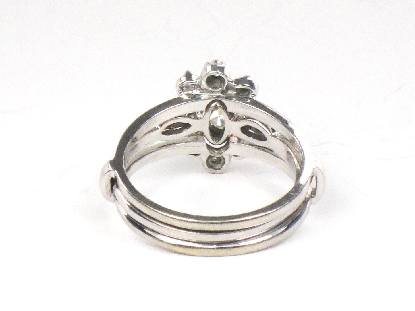 Vintage Marquise Diamond Engagement Ring Set: 14k White Gold, Insert Wedding Band, Size 5.75